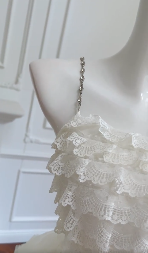 Hermoso vestido de fiesta largo con tirantes finos, encaje blanco, tul y cuentas, vestido de fiesta, vestido de noche GG2772