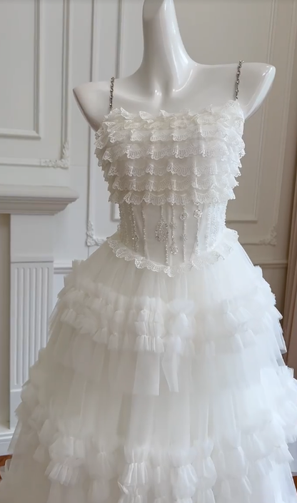 Hermoso vestido de fiesta largo con tirantes finos, encaje blanco, tul y cuentas, vestido de fiesta, vestido de noche GG2772