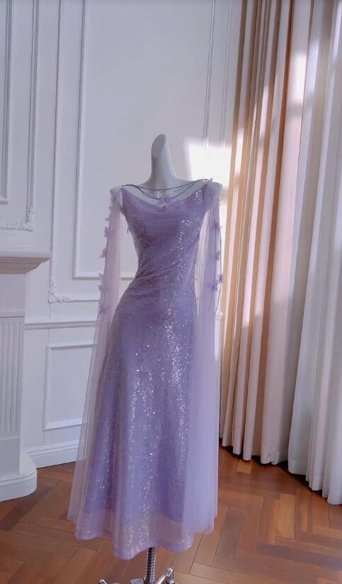 Vestido largo de tul con lentejuelas lila, escote barco y corte sirena brillante, para fiesta de graduación o de noche, GG2773