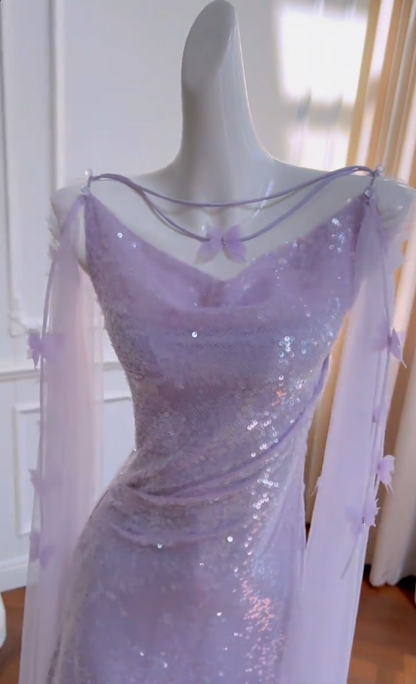 Vestido largo de tul con lentejuelas lila, escote barco y corte sirena brillante, para fiesta de graduación o de noche, GG2773