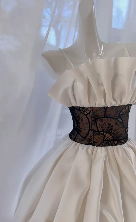 Vestido corto de fiesta con tirantes finos, corte A, blanco, de satén y encaje, para regreso a casa y cumpleaños, GG2777