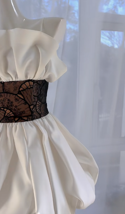 Vestido corto de fiesta con tirantes finos, corte A, blanco, de satén y encaje, para regreso a casa y cumpleaños, GG2777