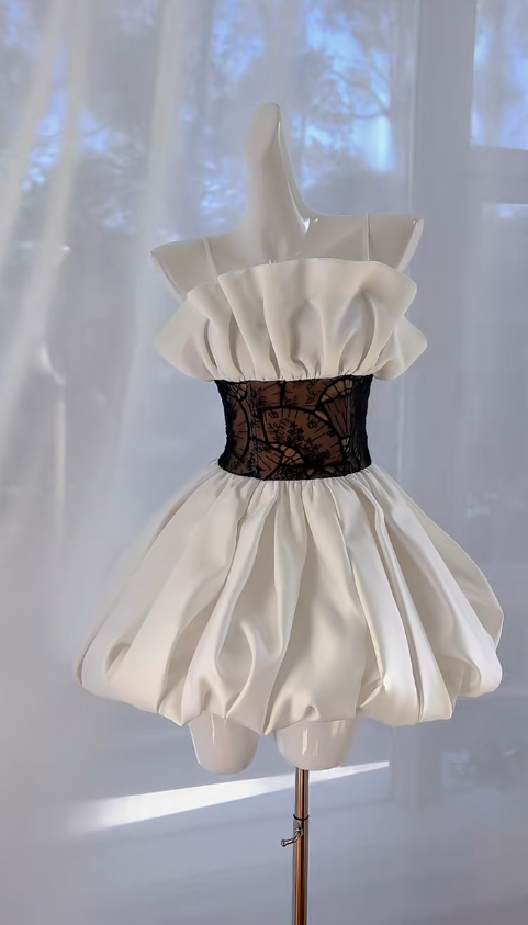 Vestido corto de fiesta con tirantes finos, corte A, blanco, de satén y encaje, para regreso a casa y cumpleaños, GG2777