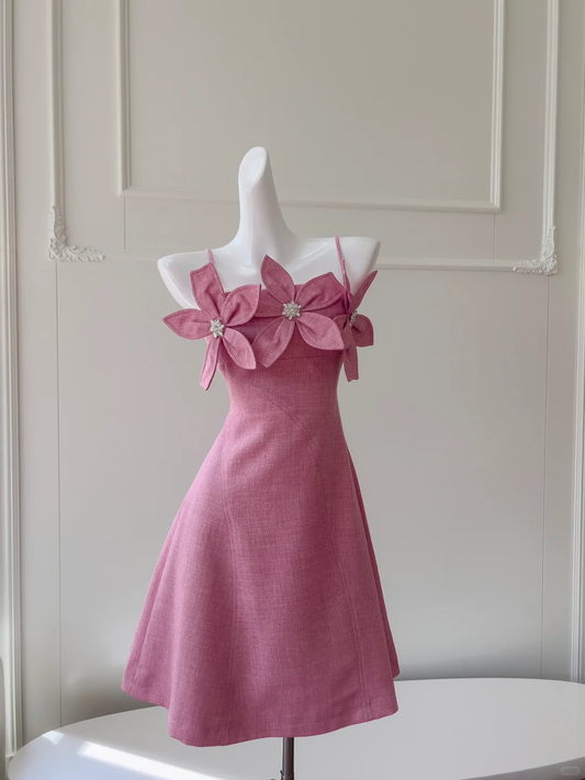 Elegante vestido de fiesta corto de satén con tirantes finos y flores, vestido de fiesta, vestido de cumpleaños GG2778