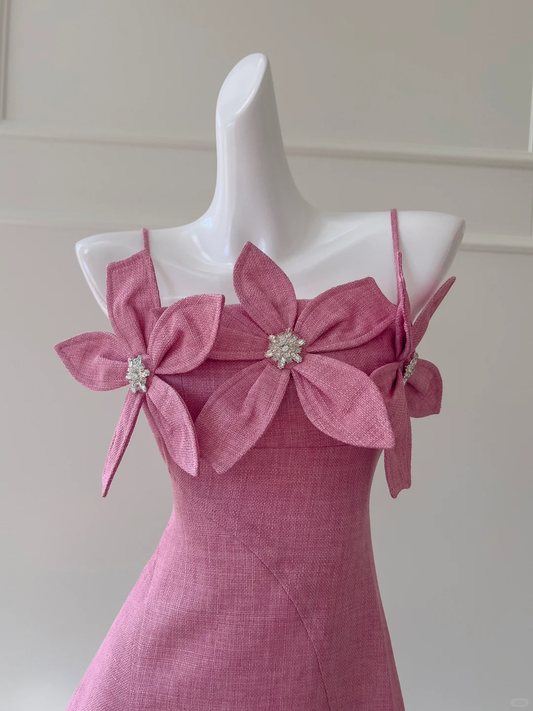 Elegante vestido de fiesta corto de satén con tirantes finos y flores, vestido de fiesta, vestido de cumpleaños GG2778