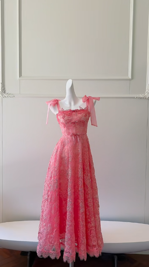 Hermoso vestido largo de encaje con tirantes finos y corte en A, vestido de fiesta, vestido de noche GG2779