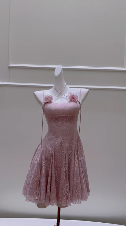Vestido de fiesta corto elegante con tirantes finos, corte A, encaje rosa empolvado, vestido de regreso a casa y vestido de cumpleaños GG2780