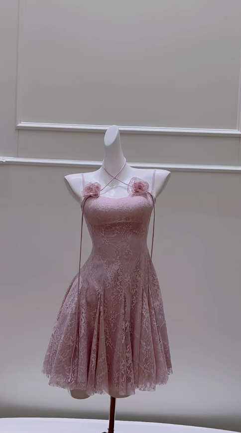 Vestido de fiesta corto elegante con tirantes finos, corte A, encaje rosa empolvado, vestido de regreso a casa y vestido de cumpleaños GG2780