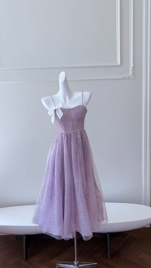 Vestido largo elegante de fiesta, de noche, de satén, tul y lunares, corte A, con tirantes finos GG2781
