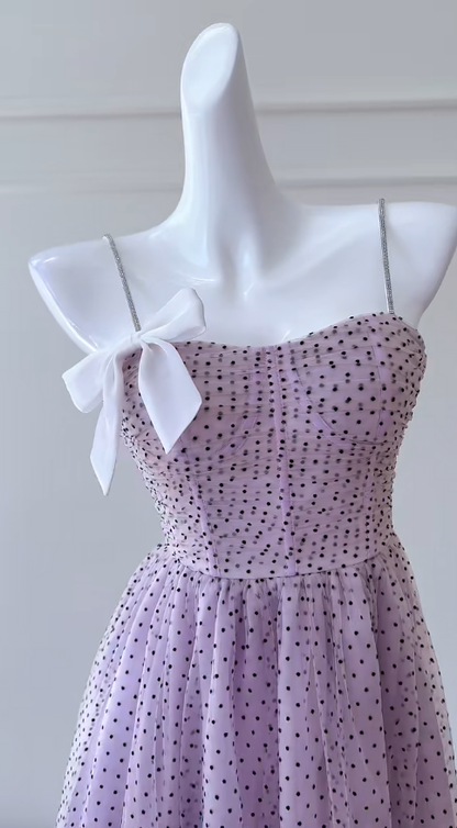 Vestido largo elegante de fiesta, de noche, de satén, tul y lunares, corte A, con tirantes finos GG2781