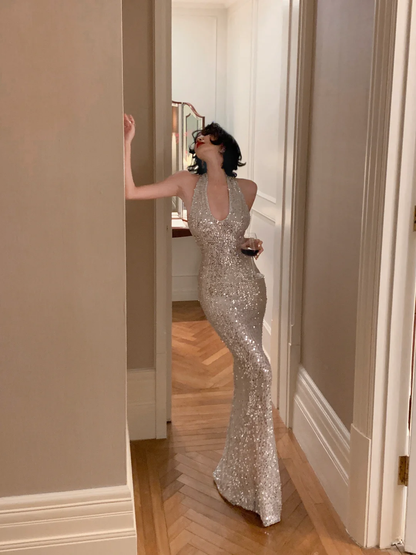 Vestido de fiesta largo con lentejuelas y cuello halter, corte sirena y brillo, GG2784