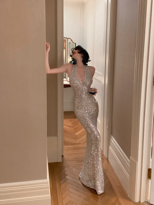 Vestido de fiesta largo con lentejuelas y cuello halter, corte sirena y brillo, GG2784