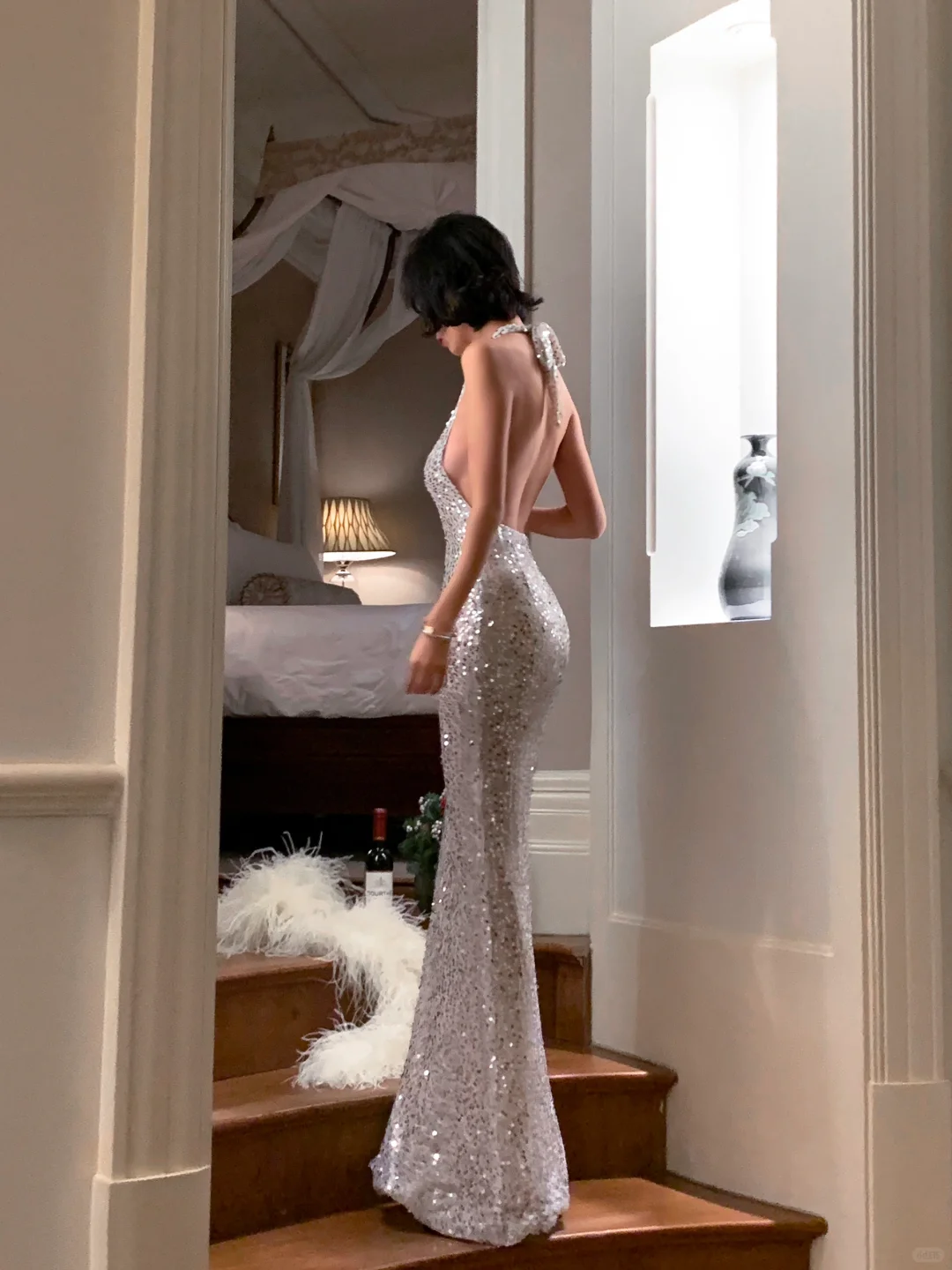Vestido de fiesta largo con lentejuelas y cuello halter, corte sirena y brillo, GG2784