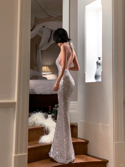 Vestido de fiesta largo con lentejuelas y cuello halter, corte sirena y brillo, GG2784