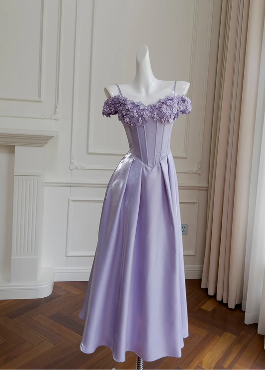 Vestido largo de satén lila con tirantes finos, corte A, elegante, para fiesta de graduación o de noche, GG2787
