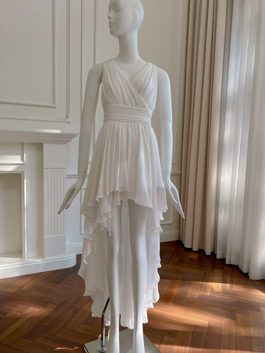Vestido de fiesta, de noche y de graduación, de gasa blanca, con escote en V y corte en A, largo, asimétrico, GG2788
