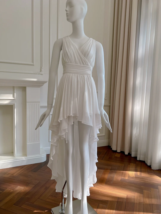 Vestido de fiesta, de noche y de graduación, de gasa blanca, con escote en V y corte en A, largo, asimétrico, GG2788