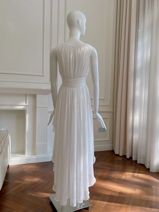 Vestido de fiesta, de noche y de graduación, de gasa blanca, con escote en V y corte en A, largo, asimétrico, GG2788