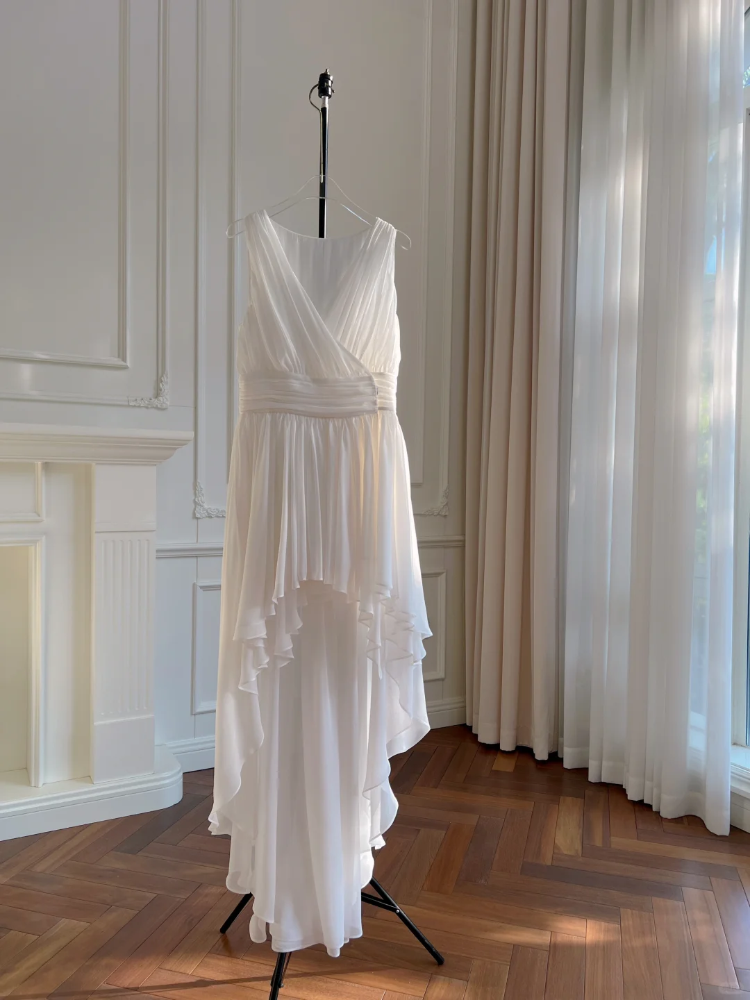 Vestido de fiesta, de noche y de graduación, de gasa blanca, con escote en V y corte en A, largo, asimétrico, GG2788
