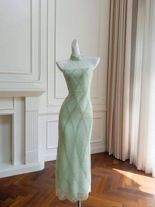 Vestido largo de fiesta, de noche, con escote halter, sirena brillante, satén salvia, tul y cuentas, GG2789