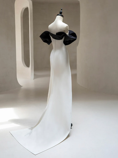 Vestido de fiesta largo con abertura en satén marfil claro, corte A, hombros descubiertos, vestido de noche GG278