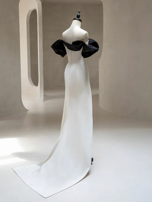 Vestido de fiesta largo con abertura en satén marfil claro, corte A, hombros descubiertos, vestido de noche GG278