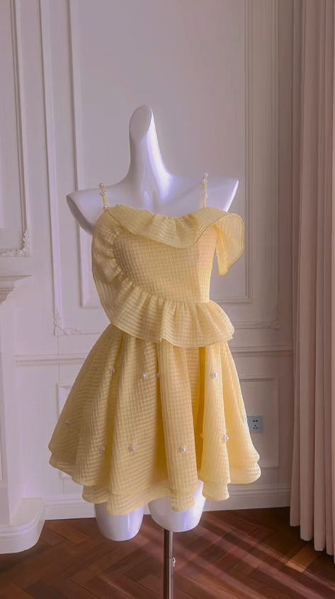 Vestido corto elegante de gasa con tirantes finos, corte A, para fiesta de bienvenida y cumpleaños GG2794
