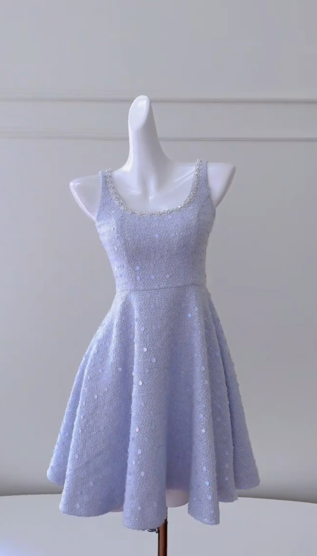 Vestido de fiesta corto con lentejuelas y satén lavanda, corte A, corte cuadrado, para regreso a casa y cumpleaños, GG2797