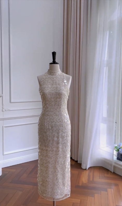 Elegante vestido de fiesta largo de satén con lentejuelas y escote halter estilo sirena, GG2800