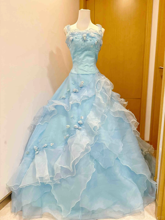 Impresionante vestido de fiesta azul pálido con tirantes finos y apliques de gasa, vestido largo de fiesta, vestido de noche GG2803