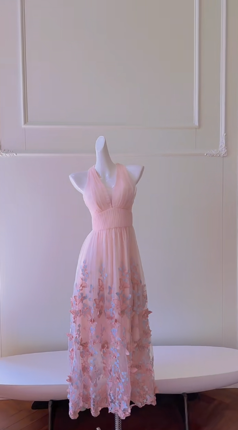 Vestido largo elegante de corte A con cuello halter y apliques de gasa rosa suave, vestido de fiesta, vestido de noche GG2805