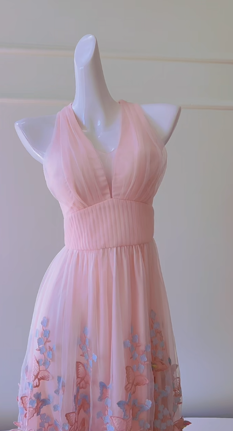 Vestido largo elegante de corte A con cuello halter y apliques de gasa rosa suave, vestido de fiesta, vestido de noche GG2805