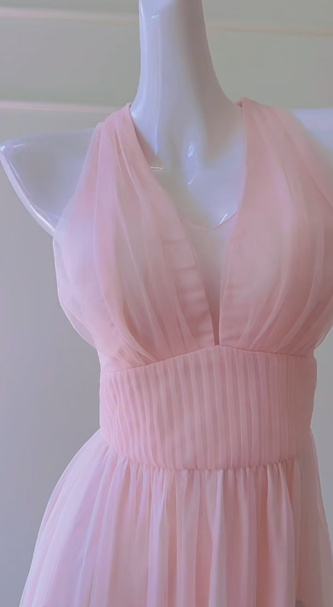 Vestido largo elegante de corte A con cuello halter y apliques de gasa rosa suave, vestido de fiesta, vestido de noche GG2805