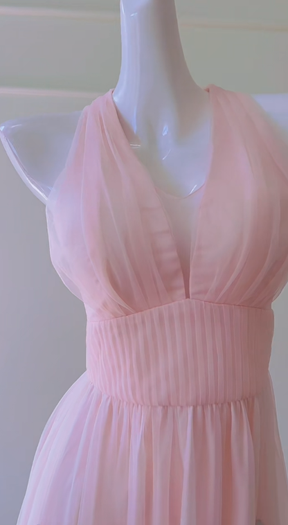 Vestido largo elegante de corte A con cuello halter y apliques de gasa rosa suave, vestido de fiesta, vestido de noche GG2805