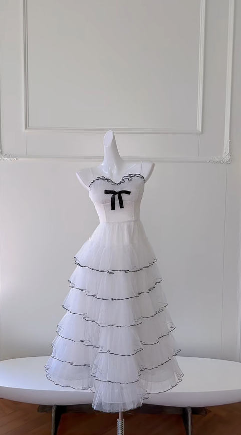 Hermoso vestido largo de fiesta, de noche, de tul blanco con cuentas y tirantes finos, corte A, GG2806