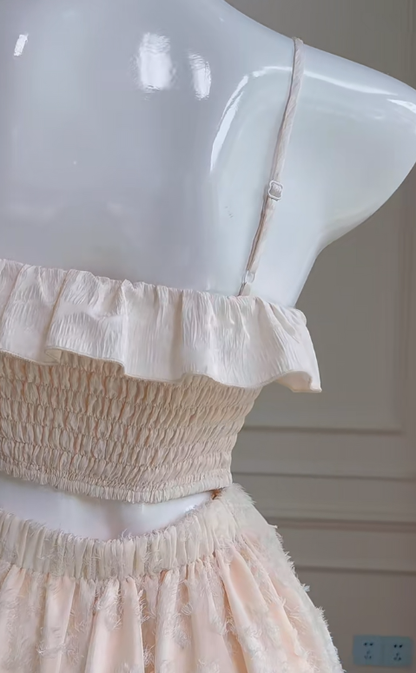 Vestido largo de satén rosa con volantes, corte A, tirantes finos, encaje, fiesta y noche (GG2807)