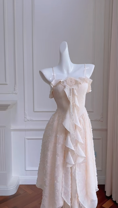 Vestido largo de satén rosa con volantes, corte A, tirantes finos, encaje, fiesta y noche (GG2807)