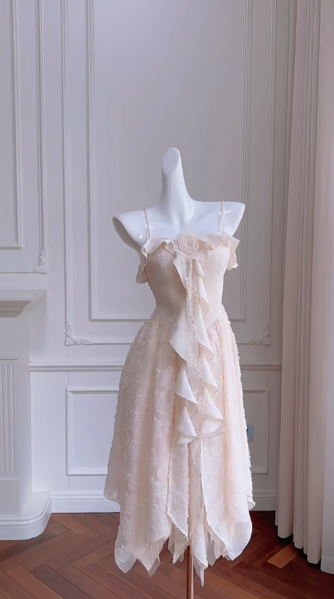 Vestido largo de satén rosa con volantes, corte A, tirantes finos, encaje, fiesta y noche (GG2807)