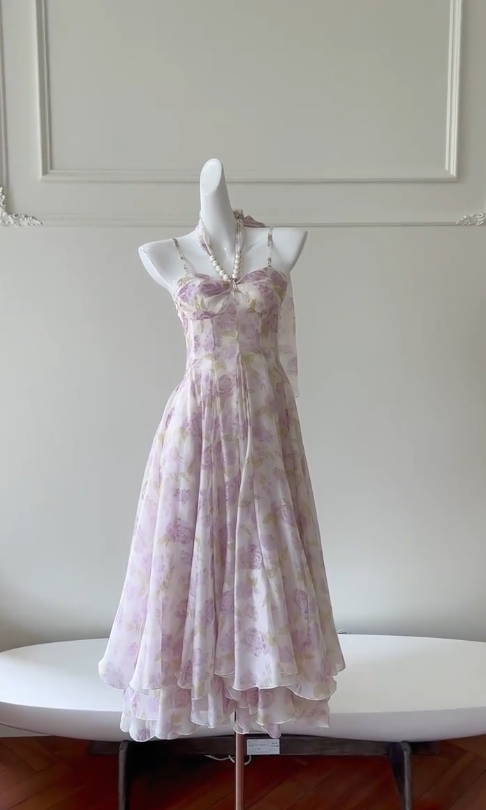 Vestido largo de fiesta, de noche y de graduación con estampado de Cjiffon, corte A, tirantes finos, GG2810