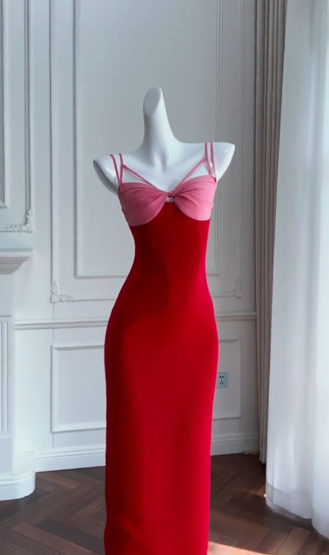 Vestido largo de satén rojo con tirantes finos y corte sirena, sexy, para fiesta de graduación o de noche, GG2811
