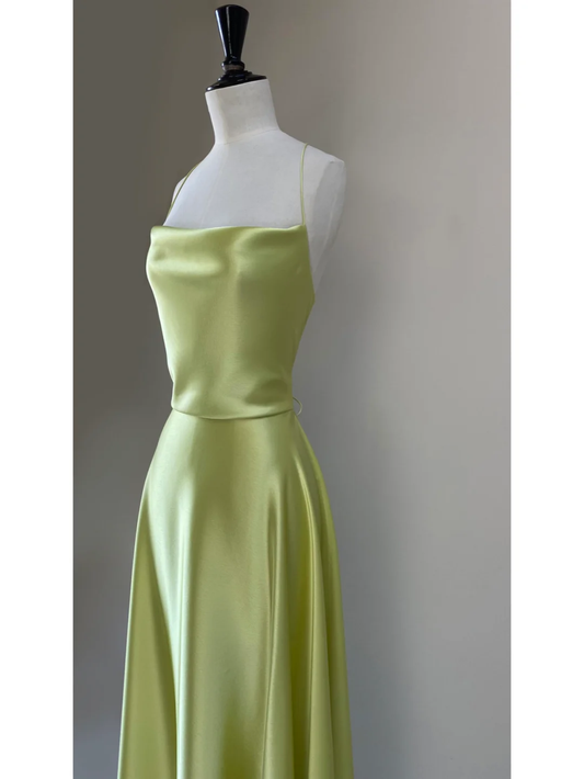 Vestido de fiesta largo de satén con tirantes finos, corte en A, espalda descubierta, GG2812