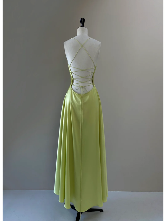 Vestido de fiesta largo de satén con tirantes finos, corte en A, espalda descubierta, GG2812