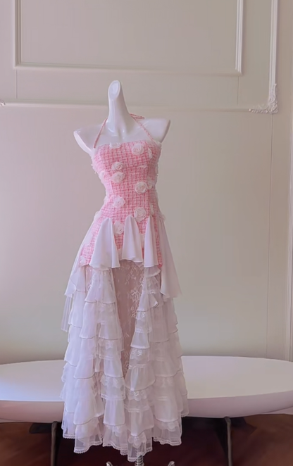Vestido largo de satén, gasa y encaje, corte A, estilo halter, para fiesta de graduación o de noche, GG2813