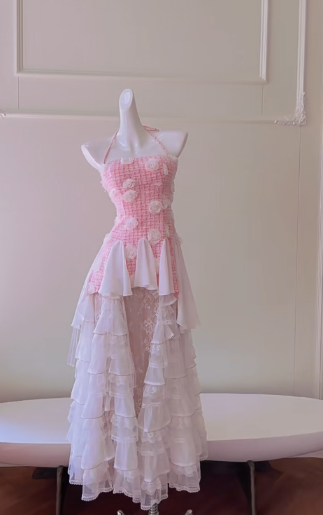 Vestido largo de satén, gasa y encaje, corte A, estilo halter, para fiesta de graduación o de noche, GG2813