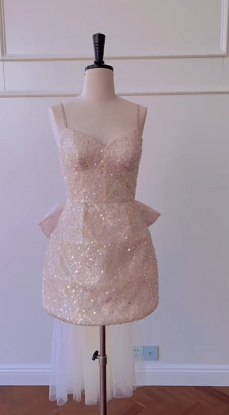 Vestido corto de fiesta, de fiesta, de cumpleaños, con tirantes finos, lentejuelas rosas y cola de tul, corte A brillante, GG2814