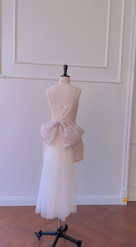 Vestido corto de fiesta, de fiesta, de cumpleaños, con tirantes finos, lentejuelas rosas y cola de tul, corte A brillante, GG2814