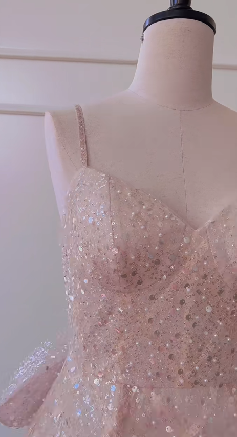 Vestido corto de fiesta, de fiesta, de cumpleaños, con tirantes finos, lentejuelas rosas y cola de tul, corte A brillante, GG2814