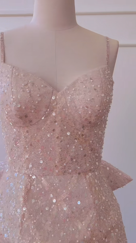 Vestido corto de fiesta, de fiesta, de cumpleaños, con tirantes finos, lentejuelas rosas y cola de tul, corte A brillante, GG2814