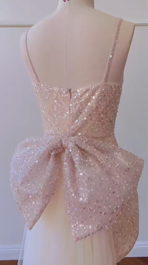 Vestido corto de fiesta, de fiesta, de cumpleaños, con tirantes finos, lentejuelas rosas y cola de tul, corte A brillante, GG2814