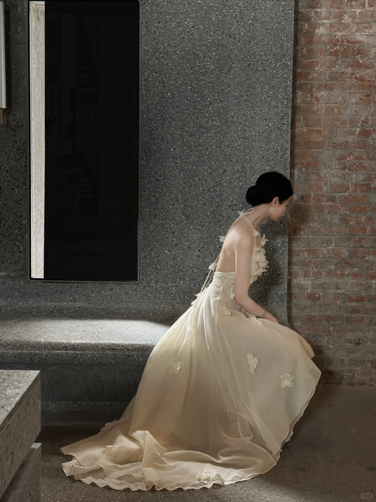 Hermoso vestido largo de gasa con cuello halter y apliques, vestido de fiesta o de noche GG2817